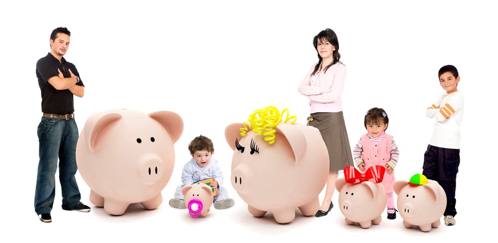 People with a piggybank family isolated on white